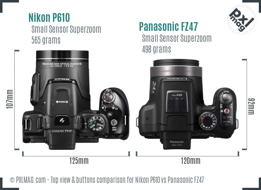 Nikon P610 vs Panasonic FZ47 top view buttons comparison