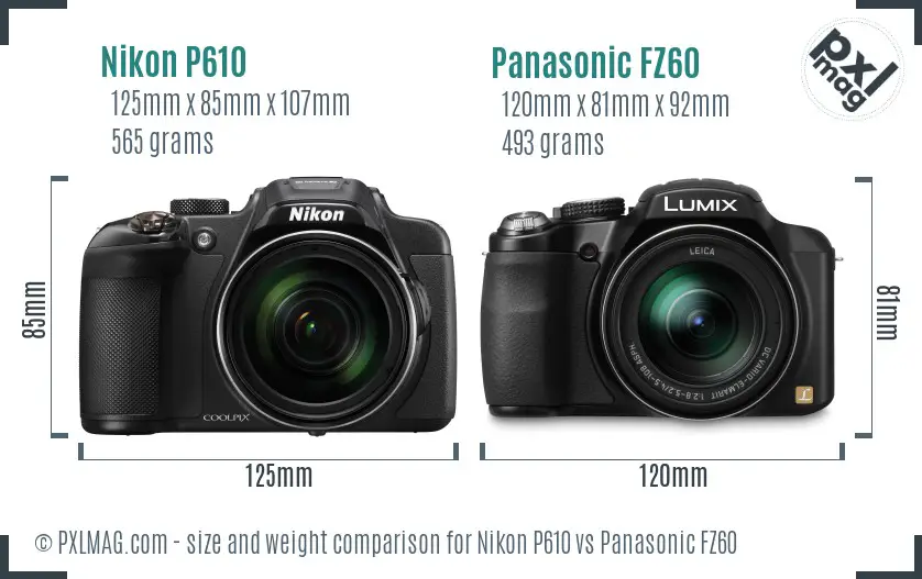 Nikon P610 vs Panasonic FZ60 size comparison