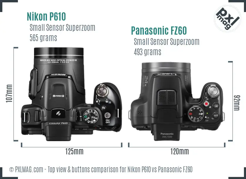 Nikon P610 vs Panasonic FZ60 top view buttons comparison