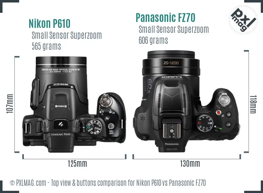 Nikon P610 vs Panasonic FZ70 top view buttons comparison Nikon P610 vs Panasonic FZ70 top view buttons comparison