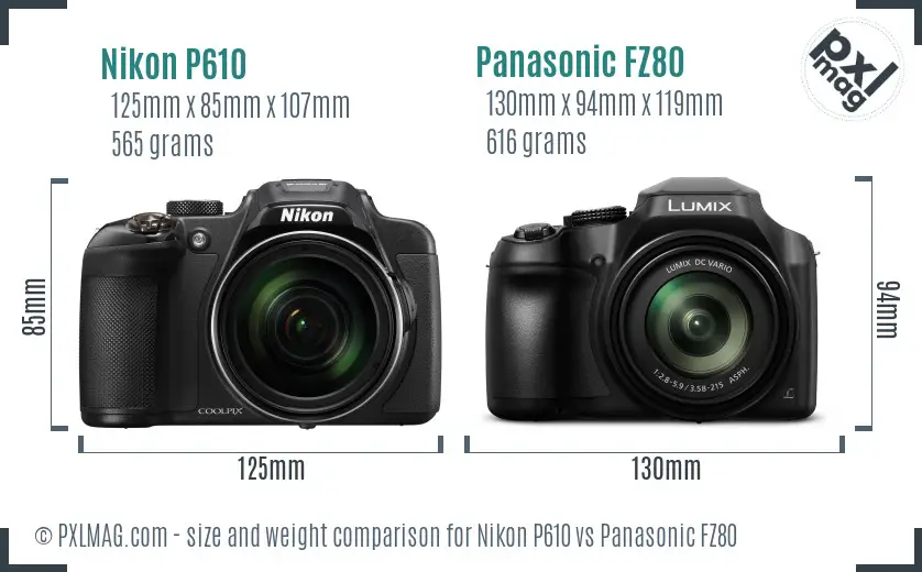 Nikon P610 vs Panasonic FZ80 size comparison