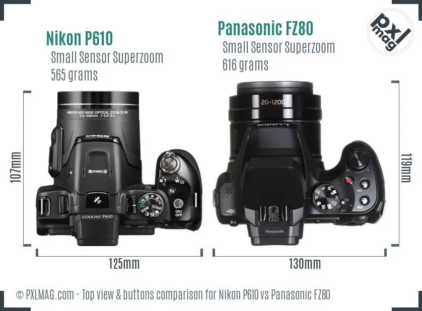 Nikon P610 vs Panasonic FZ80 top view buttons comparison