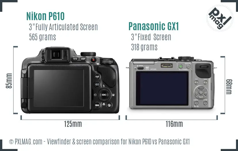 Nikon P610 vs Panasonic GX1 Screen and Viewfinder comparison