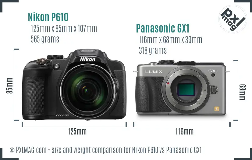 Nikon P610 vs Panasonic GX1 size comparison