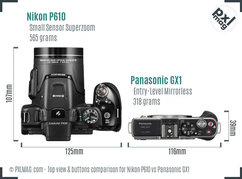 Nikon P610 vs Panasonic GX1 top view buttons comparison