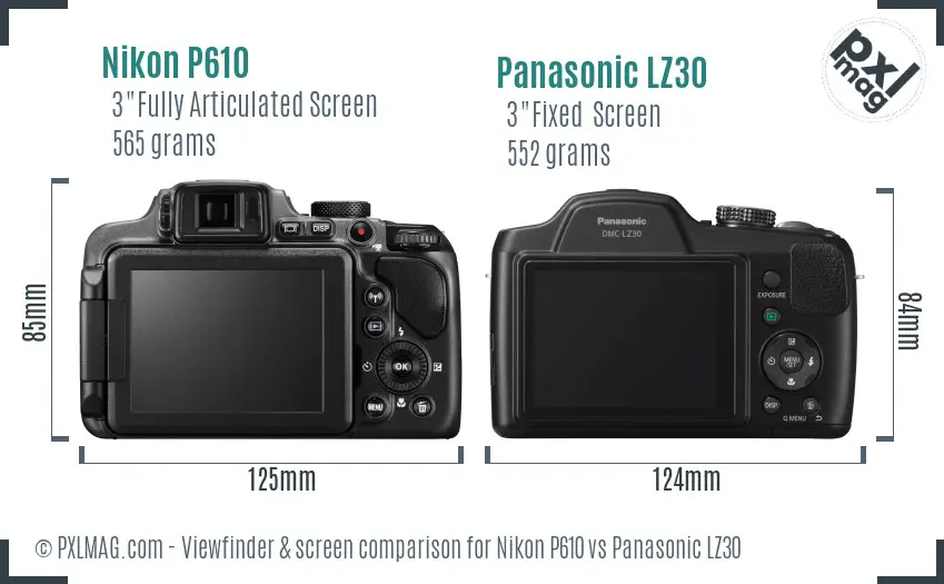 Nikon P610 vs Panasonic LZ30 Screen and Viewfinder comparison