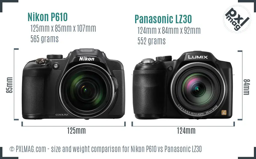 Nikon P610 vs Panasonic LZ30 size comparison