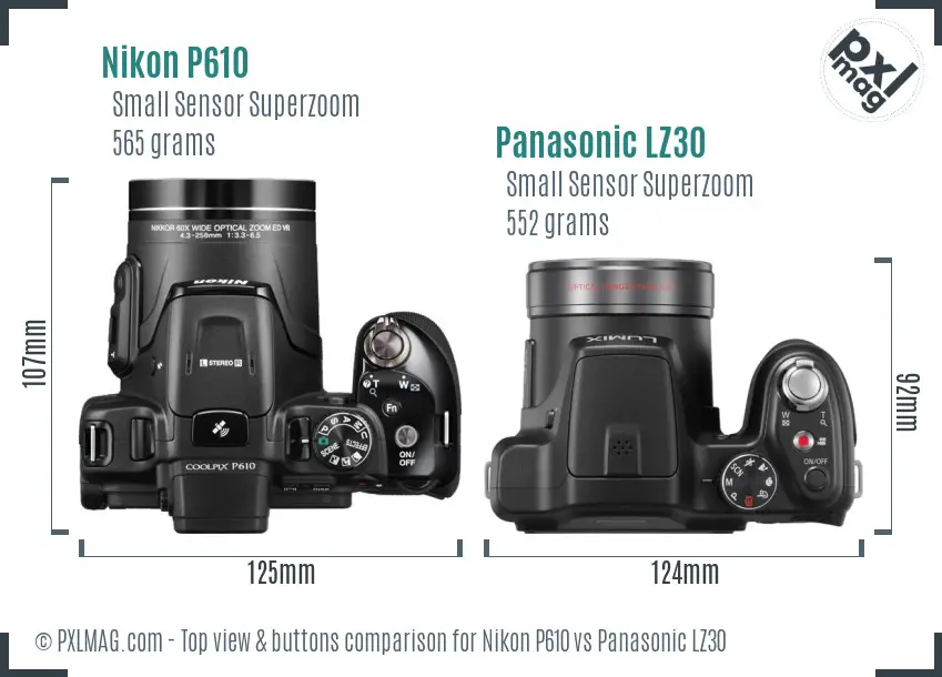 Nikon P610 vs Panasonic LZ30 top view buttons comparison