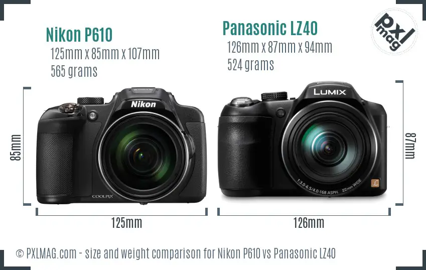 Nikon P610 vs Panasonic LZ40 size comparison