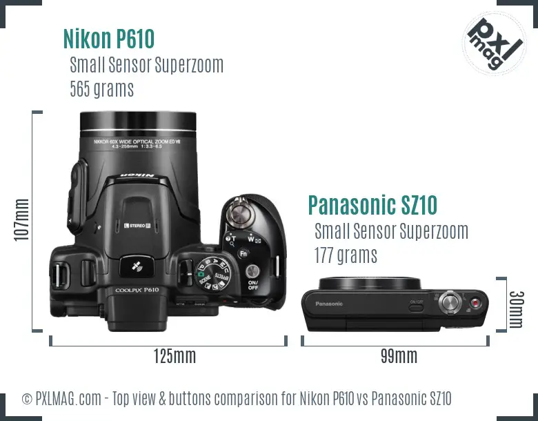 Nikon P610 vs Panasonic SZ10 top view buttons comparison