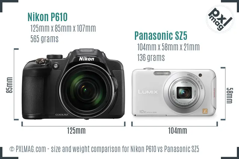 Nikon P610 vs Panasonic SZ5 size comparison