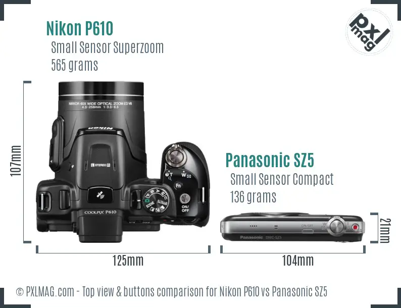 Nikon P610 vs Panasonic SZ5 top view buttons comparison