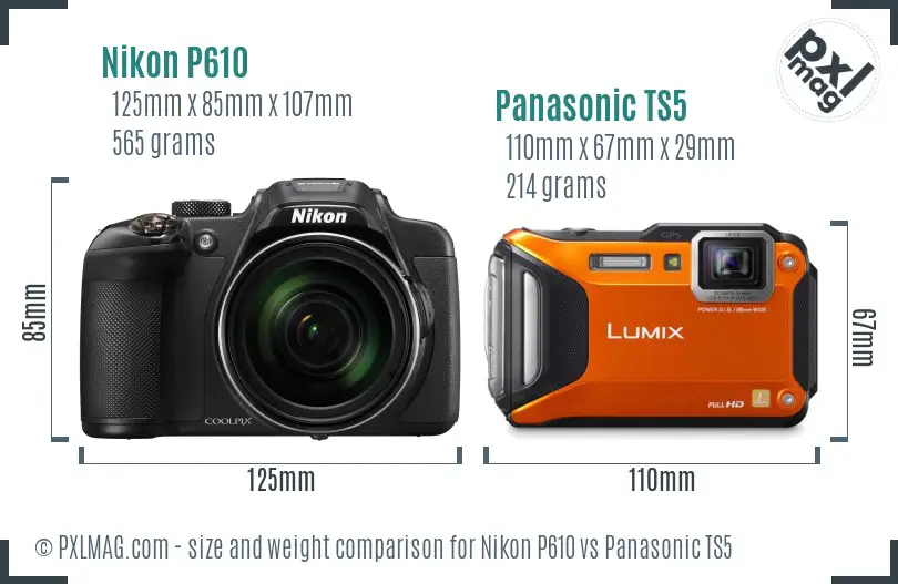 Nikon P610 vs Panasonic TS5 size comparison
