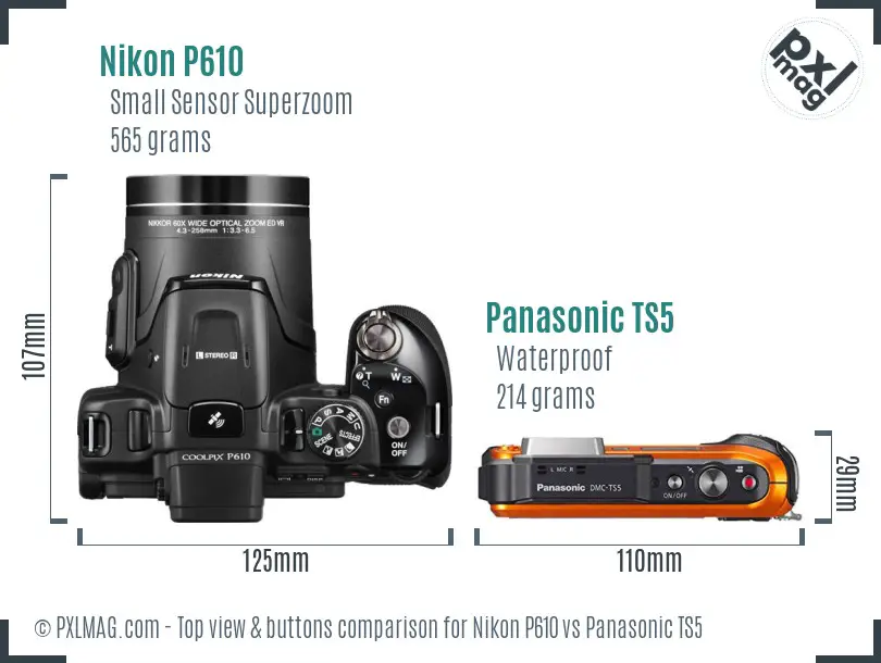Nikon P610 vs Panasonic TS5 top view buttons comparison