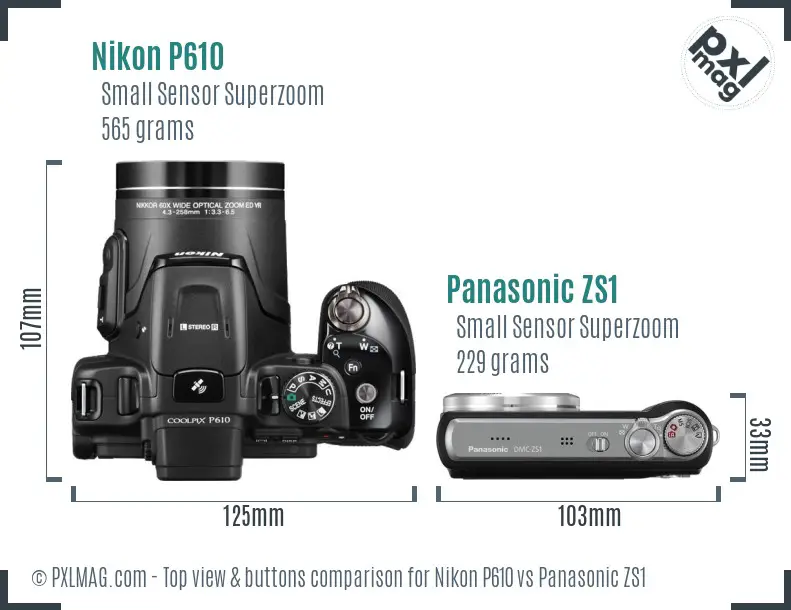 Nikon P610 vs Panasonic ZS1 top view buttons comparison