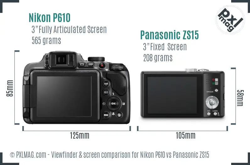 Nikon P610 vs Panasonic ZS15 Screen and Viewfinder comparison