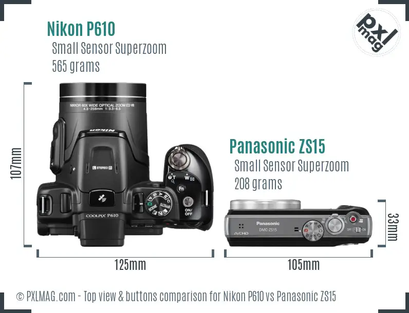 Nikon P610 vs Panasonic ZS15 top view buttons comparison