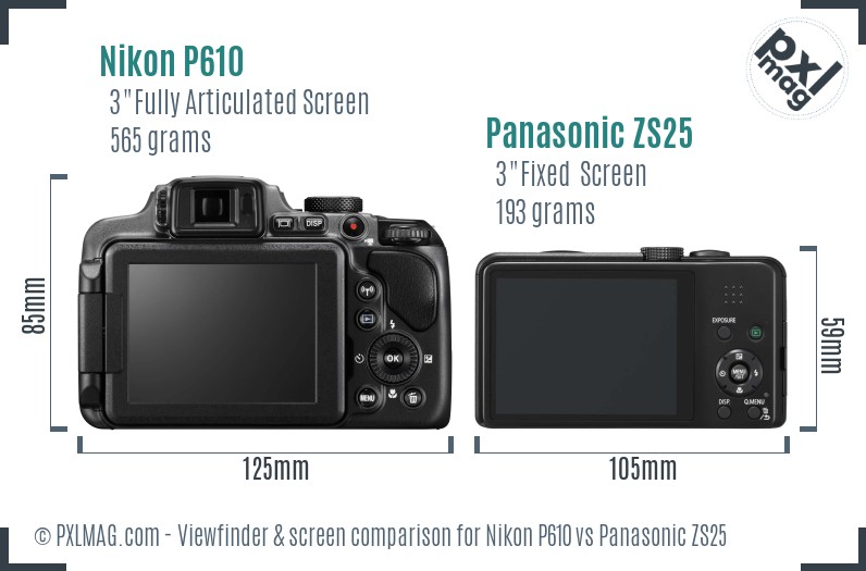 Nikon P610 vs Panasonic ZS25 Screen and Viewfinder comparison