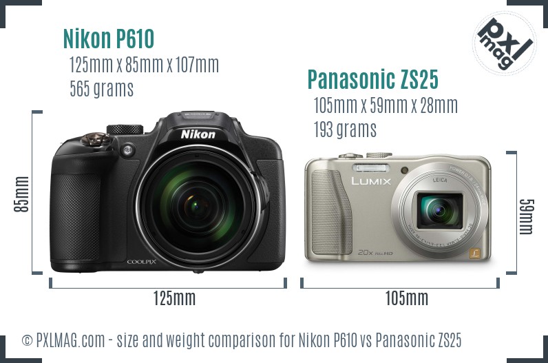 Nikon P610 vs Panasonic ZS25 size comparison