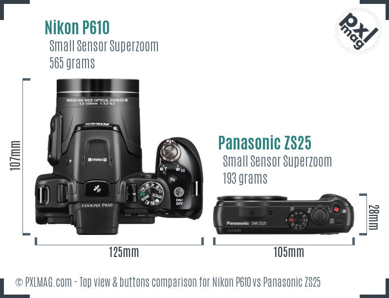 Nikon P610 vs Panasonic ZS25 top view buttons comparison