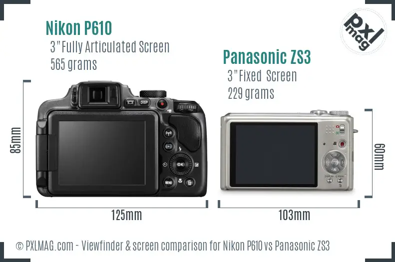 Nikon P610 vs Panasonic ZS3 Screen and Viewfinder comparison