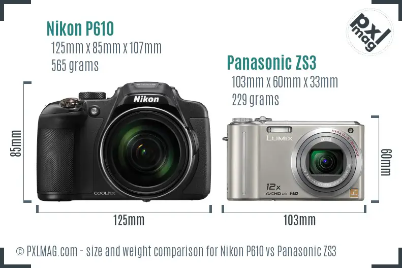 Nikon P610 vs Panasonic ZS3 size comparison