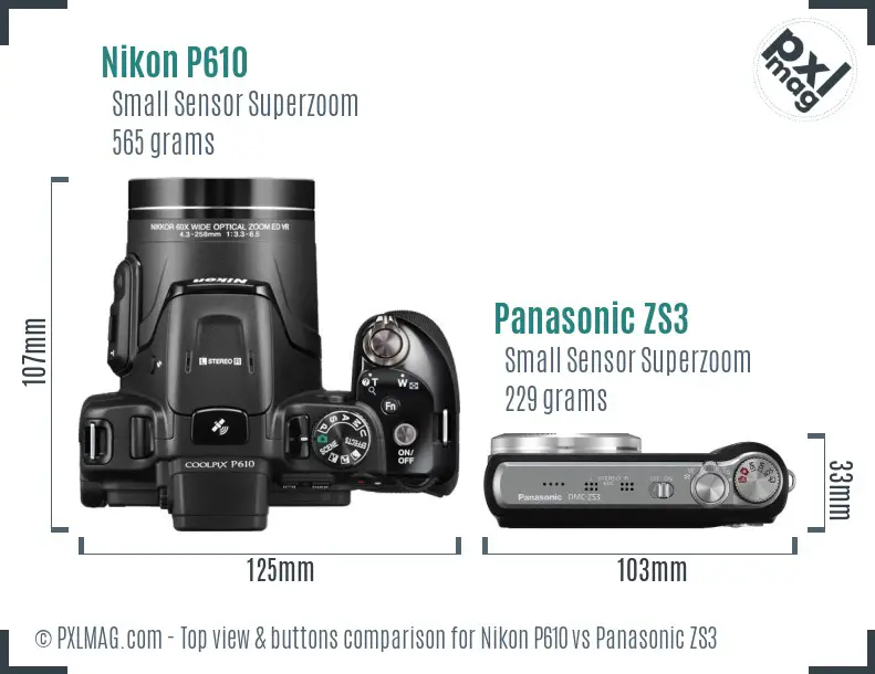 Nikon P610 vs Panasonic ZS3 top view buttons comparison