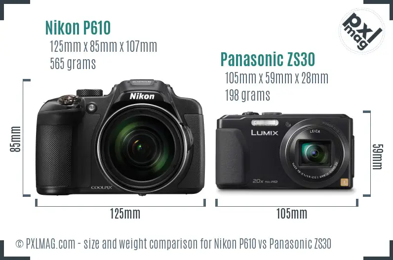Nikon P610 vs Panasonic ZS30 size comparison