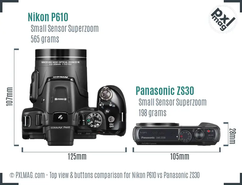 Nikon P610 vs Panasonic ZS30 top view buttons comparison