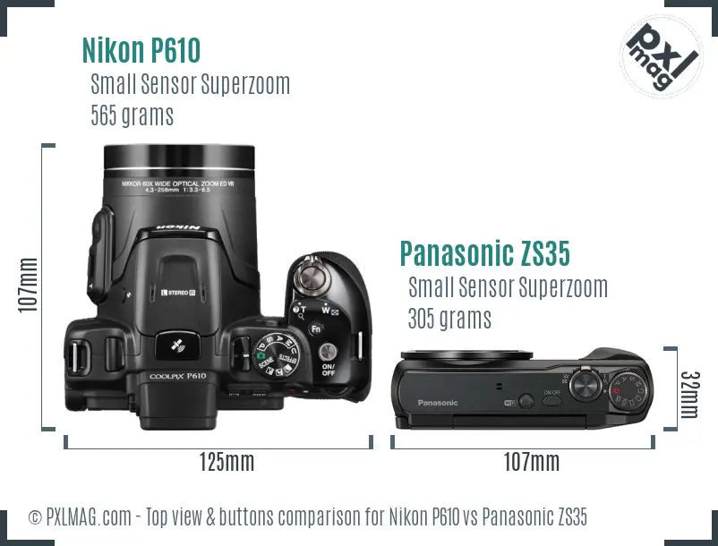 Nikon P610 vs Panasonic ZS35 top view buttons comparison Nikon P610 vs Panasonic ZS35 top view buttons comparison