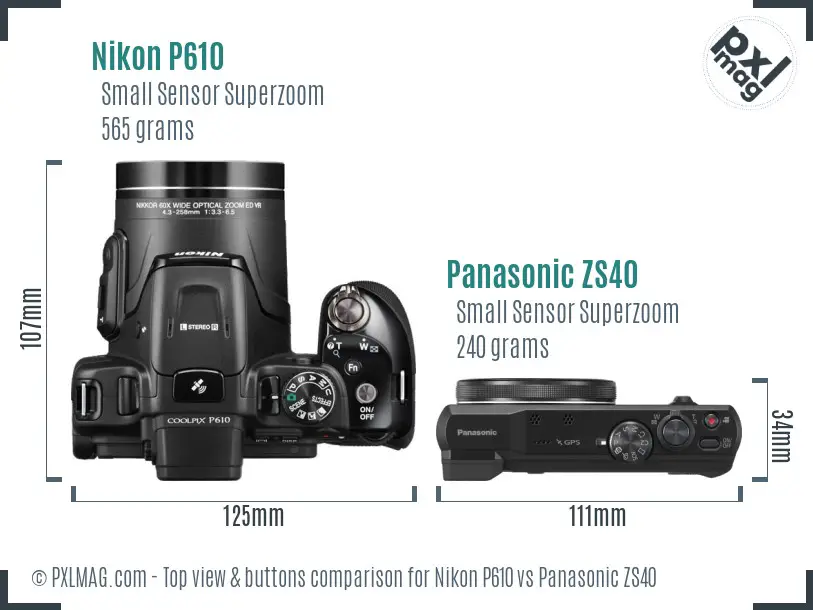 Nikon P610 vs Panasonic ZS40 top view buttons comparison Nikon P610 vs Panasonic ZS40 top view buttons comparison