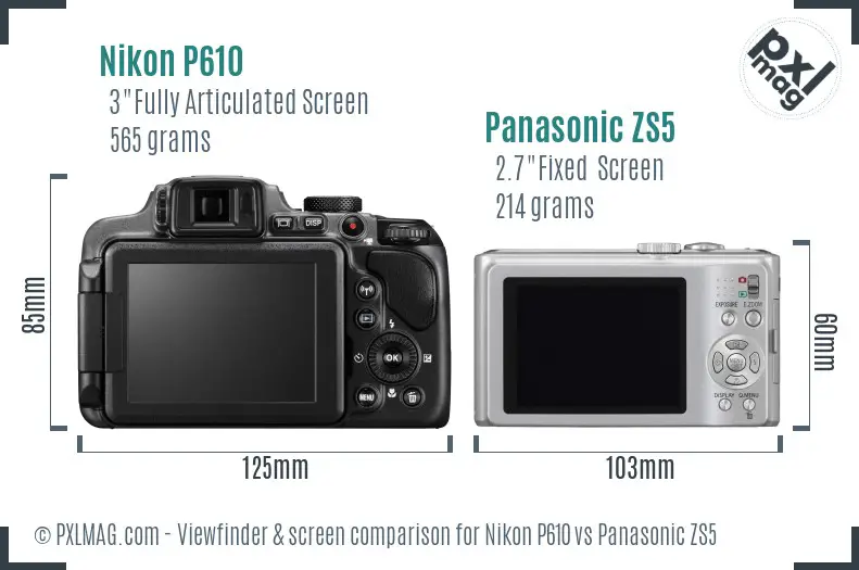 Nikon P610 vs Panasonic ZS5 Screen and Viewfinder comparison