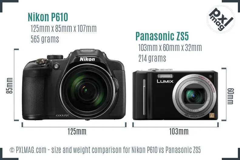 Nikon P610 vs Panasonic ZS5 size comparison