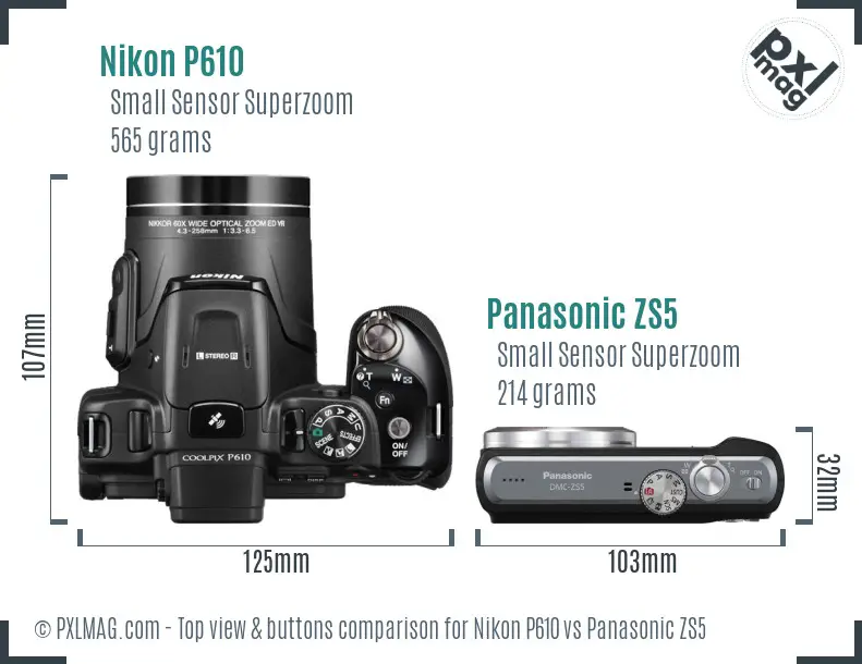 Nikon P610 vs Panasonic ZS5 top view buttons comparison