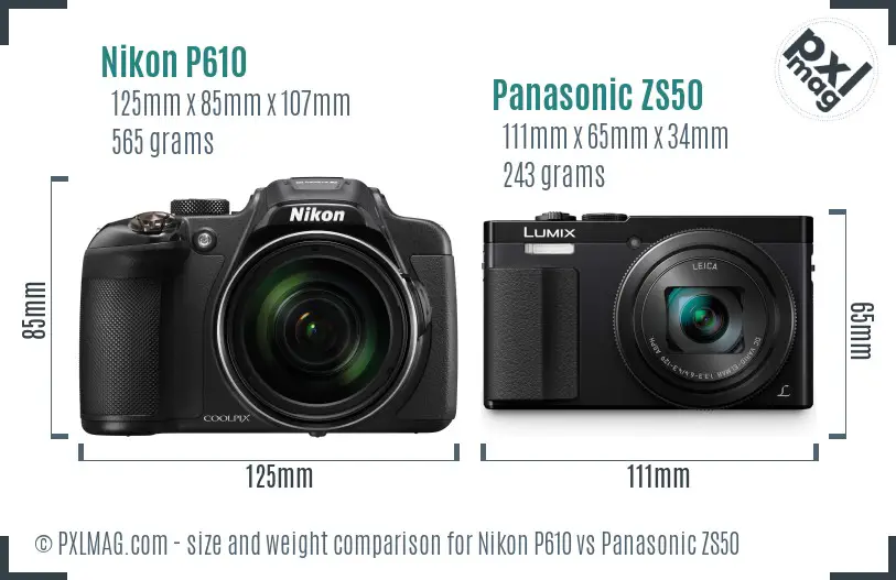 Nikon P610 vs Panasonic ZS50 size comparison
