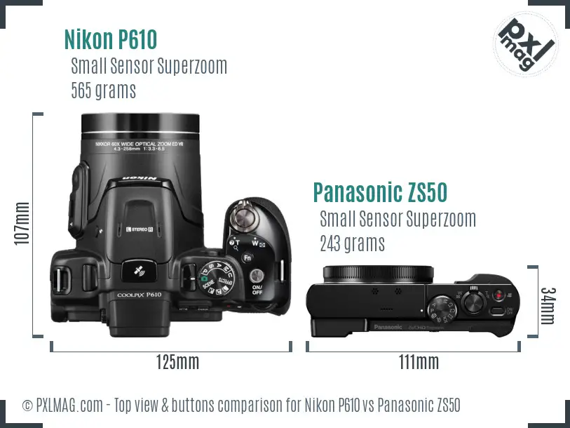 Nikon P610 vs Panasonic ZS50 top view buttons comparison