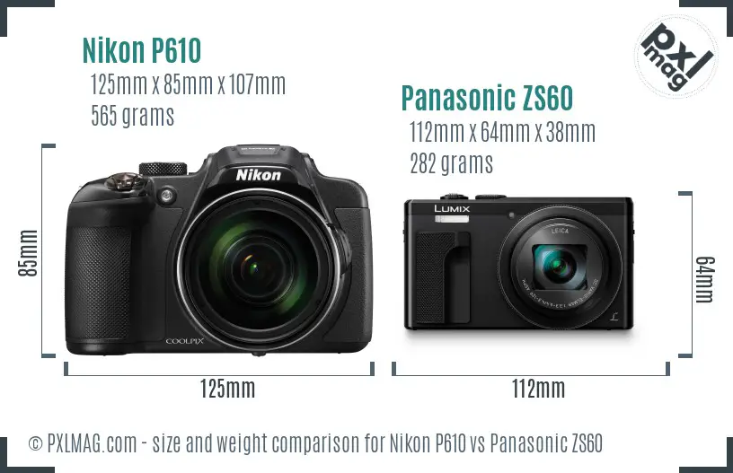 Nikon P610 vs Panasonic ZS60 size comparison