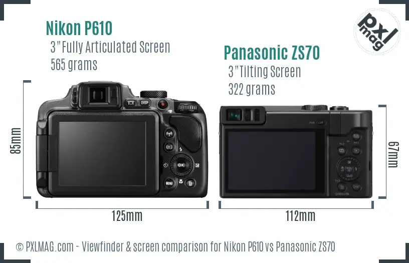 Nikon P610 vs Panasonic ZS70 Screen and Viewfinder comparison