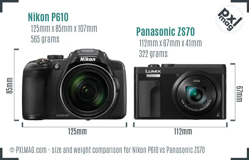 Nikon P610 vs Panasonic ZS70 size comparison