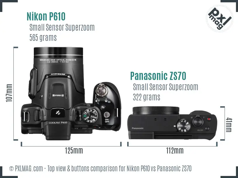 Nikon P610 vs Panasonic ZS70 top view buttons comparison
