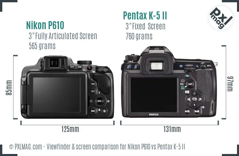 Nikon P610 vs Pentax K-5 II Screen and Viewfinder comparison