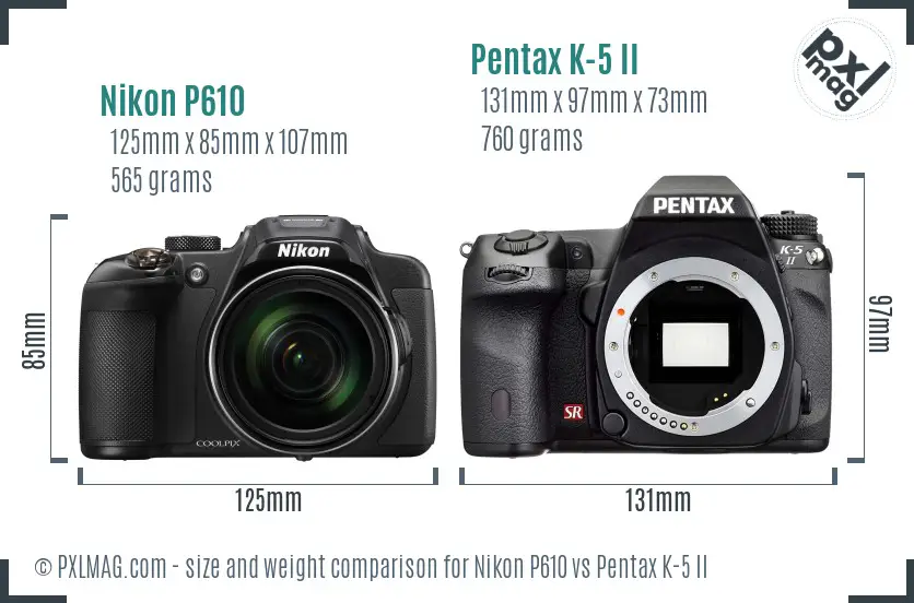 Nikon P610 vs Pentax K-5 II size comparison