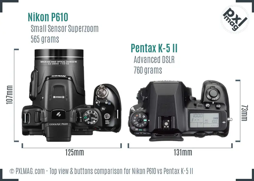 Nikon P610 vs Pentax K-5 II top view buttons comparison