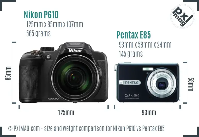 Nikon P610 vs Pentax E85 size comparison
