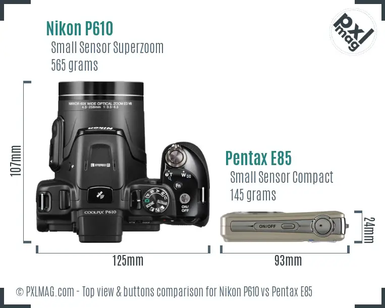 Nikon P610 vs Pentax E85 top view buttons comparison