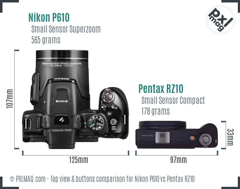 Nikon P610 vs Pentax RZ10 top view buttons comparison