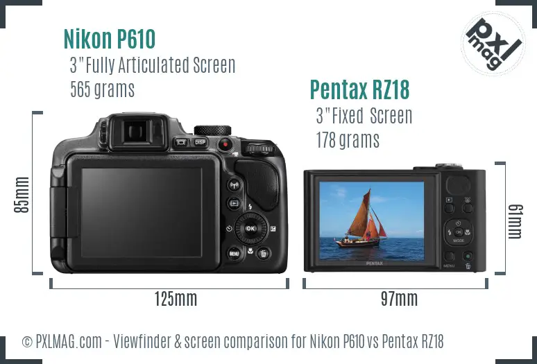 Nikon P610 vs Pentax RZ18 Screen and Viewfinder comparison