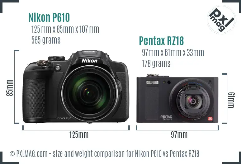 Nikon P610 vs Pentax RZ18 size comparison