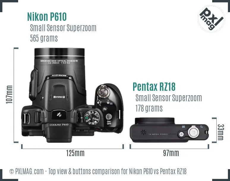 Nikon P610 vs Pentax RZ18 top view buttons comparison