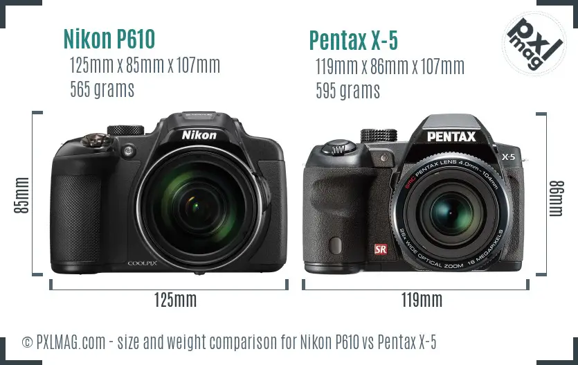 Nikon P610 vs Pentax X-5 size comparison
